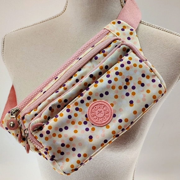 SPORT Pink Polka Dot Crossbody Bum Bag Multiple Zip Pockets - Picture 1 of 10